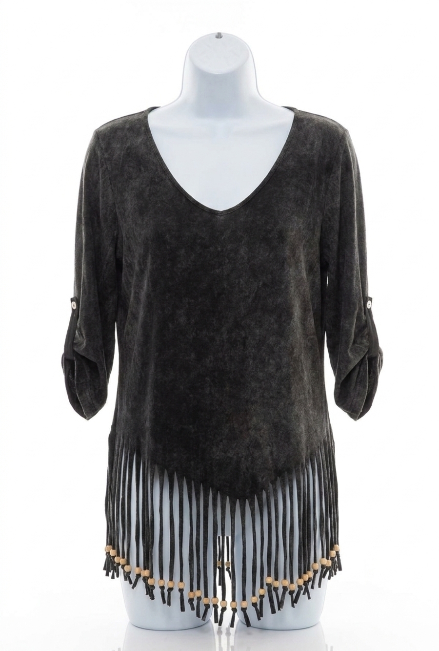 NEW ANGEL stone wash cut out fringe top in charcoal